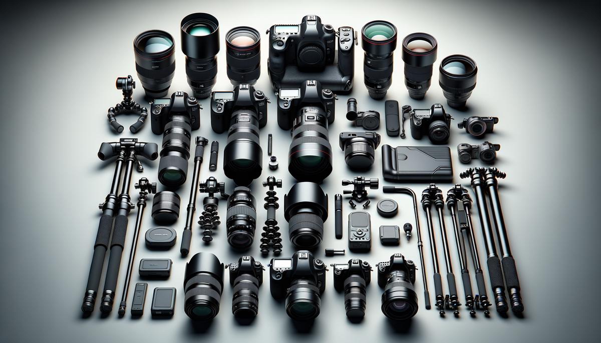 An array of professional sports photography equipment including cameras, lenses, and accessories