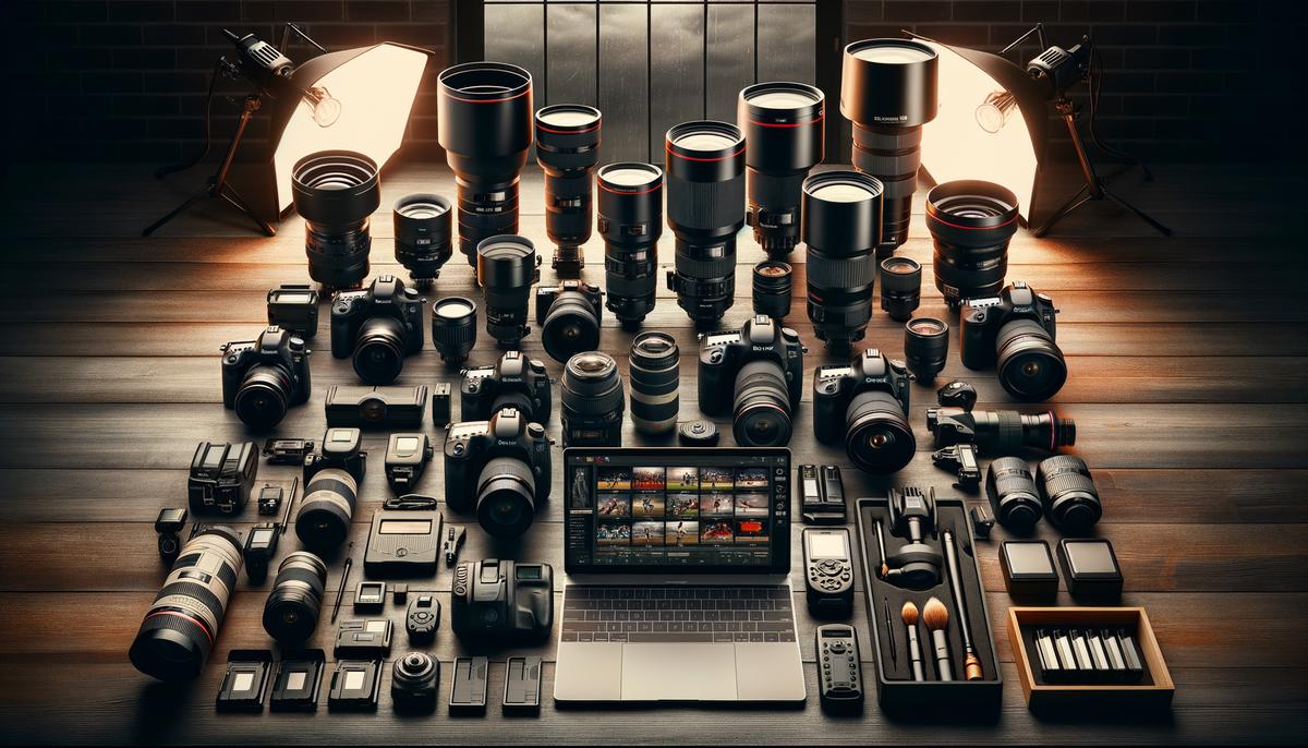 An array of high-end sports photography equipment including cameras, lenses, and accessories