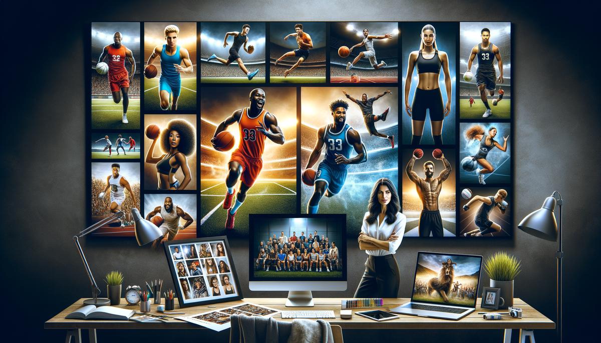 A professional display of sports photography services, showcasing various types of sports images and products