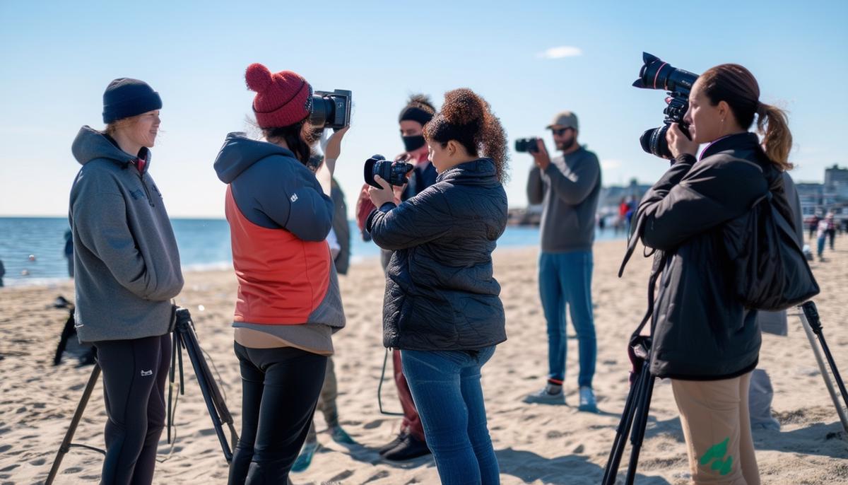 A group of diverse participants learning sports photography techniques at a workshop on Carson Beach, South Boston