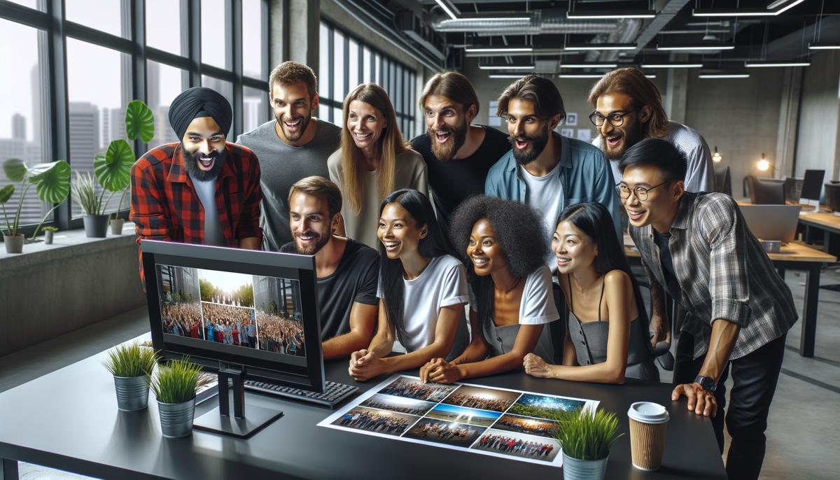 A diverse startup team gathered around a computer, reviewing and selecting professional event photos for marketing materials