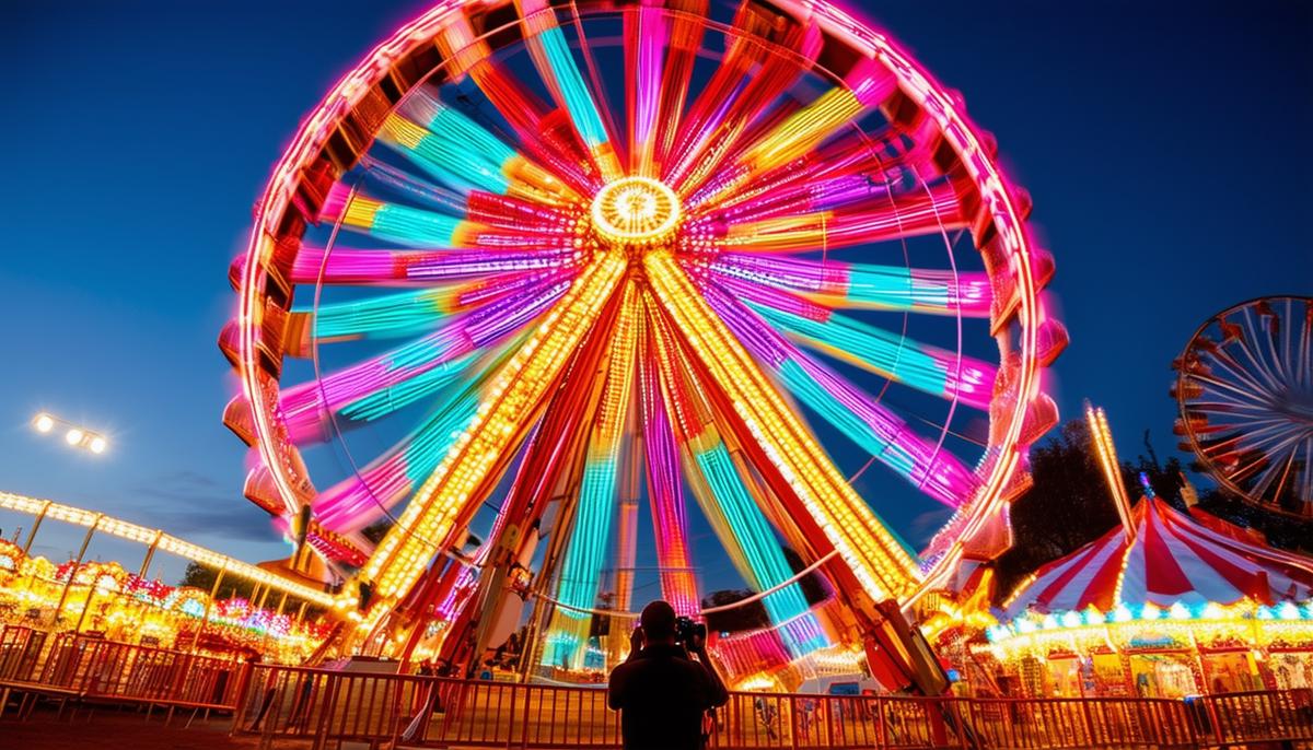 A colorful Ferris wheel at the State Fair of Texas with a photographer in the foreground