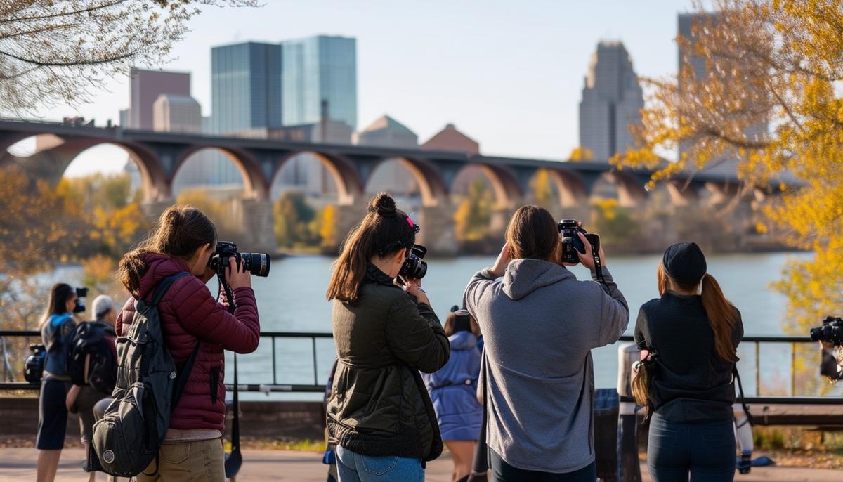 A photography class in session at the Stone Arch Bridge in Minneapolis, with students adjusting their cameras