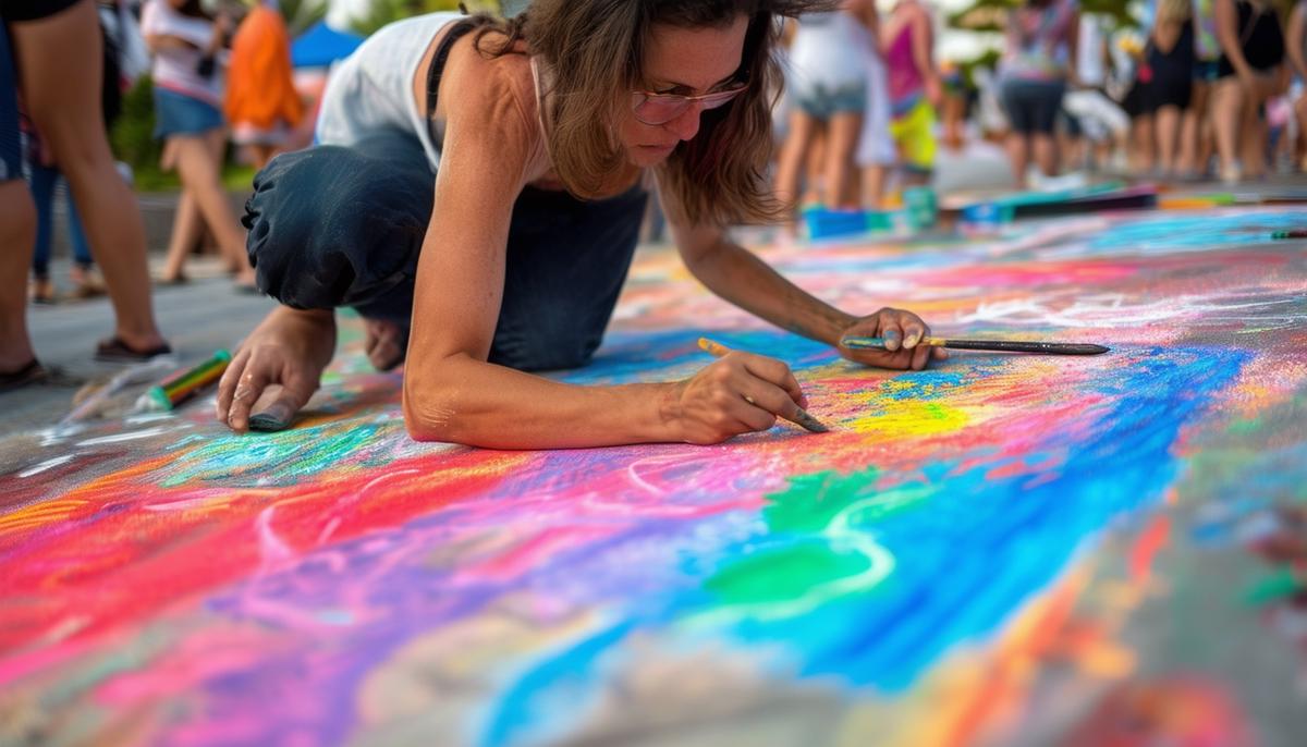 Artist creating a vibrant chalk masterpiece at the Lake Worth Beach Street Painting Festival