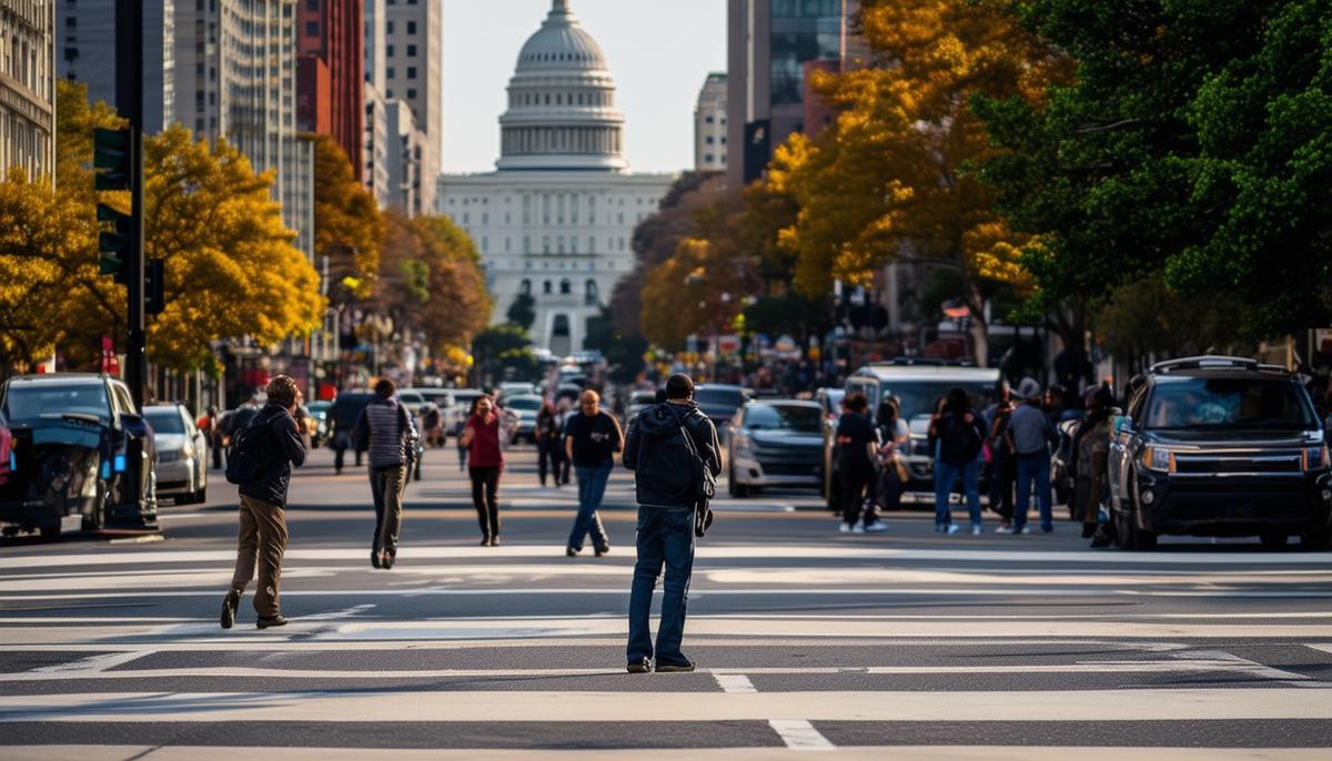 A street photographer capturing a busy crosswalk scene in downtown Washington DC, with pedestrians and iconic architecture in the background
