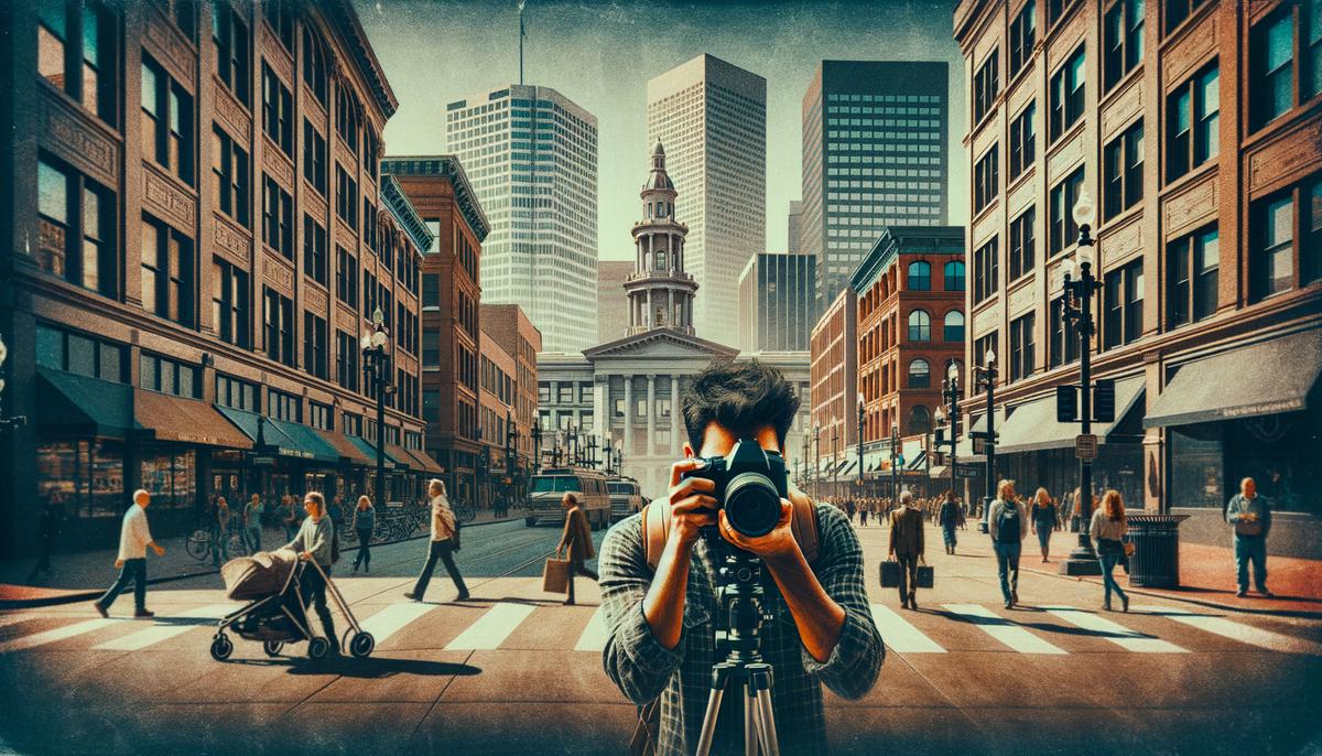 A street photographer capturing a candid moment in downtown Denver