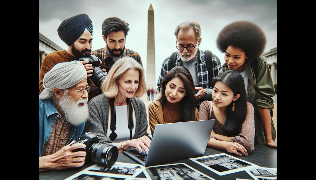 A group of photography students reviewing their images with an instructor after a workshop in Washington DC