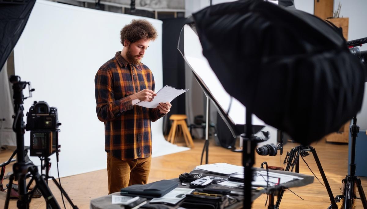 A photographer preparing equipment and reviewing a shot list before a studio session