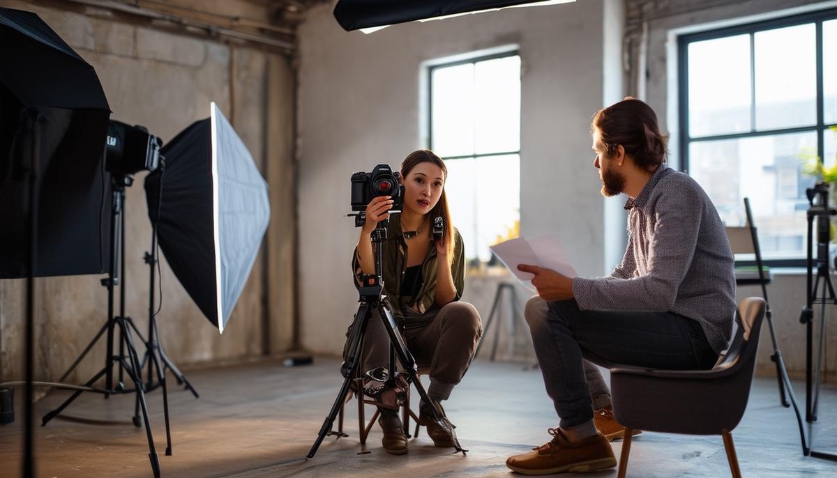 A photographer discussing studio rental details with a studio manager