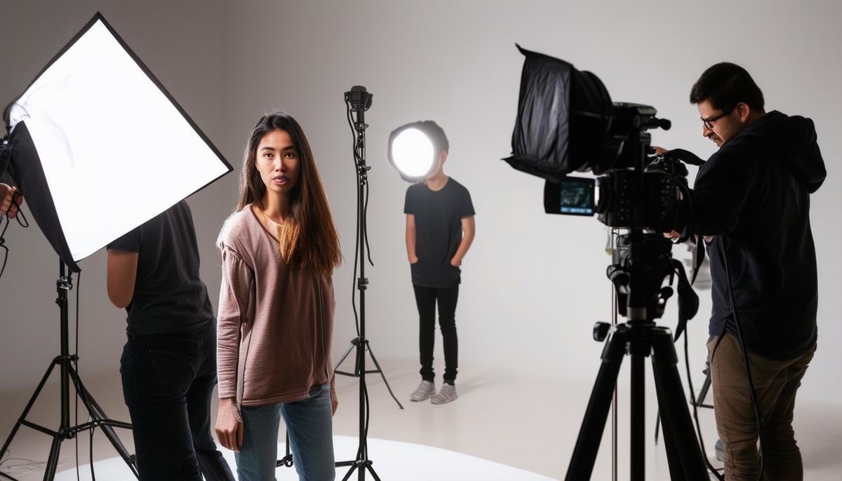 A photography workshop focusing on studio strobe lighting, with participants adjusting lights and camera settings