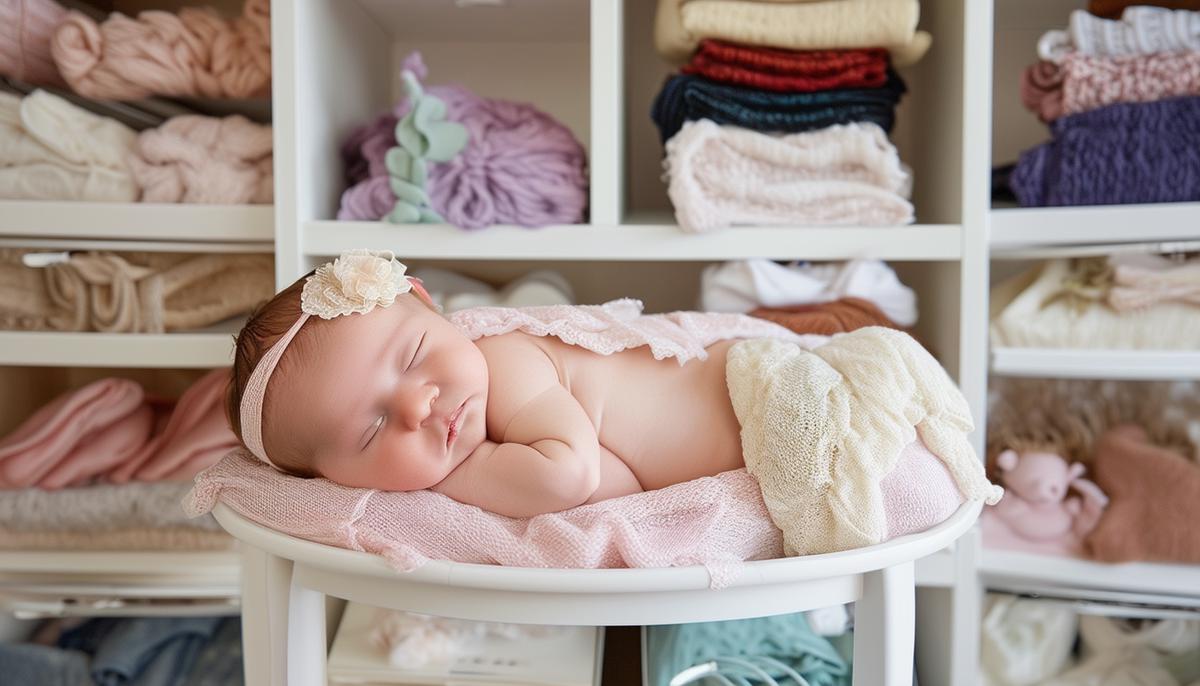 A beautifully organized studio wardrobe filled with adorable newborn outfits, wraps, and accessories in a variety of colors and styles to suit any photoshoot theme.
