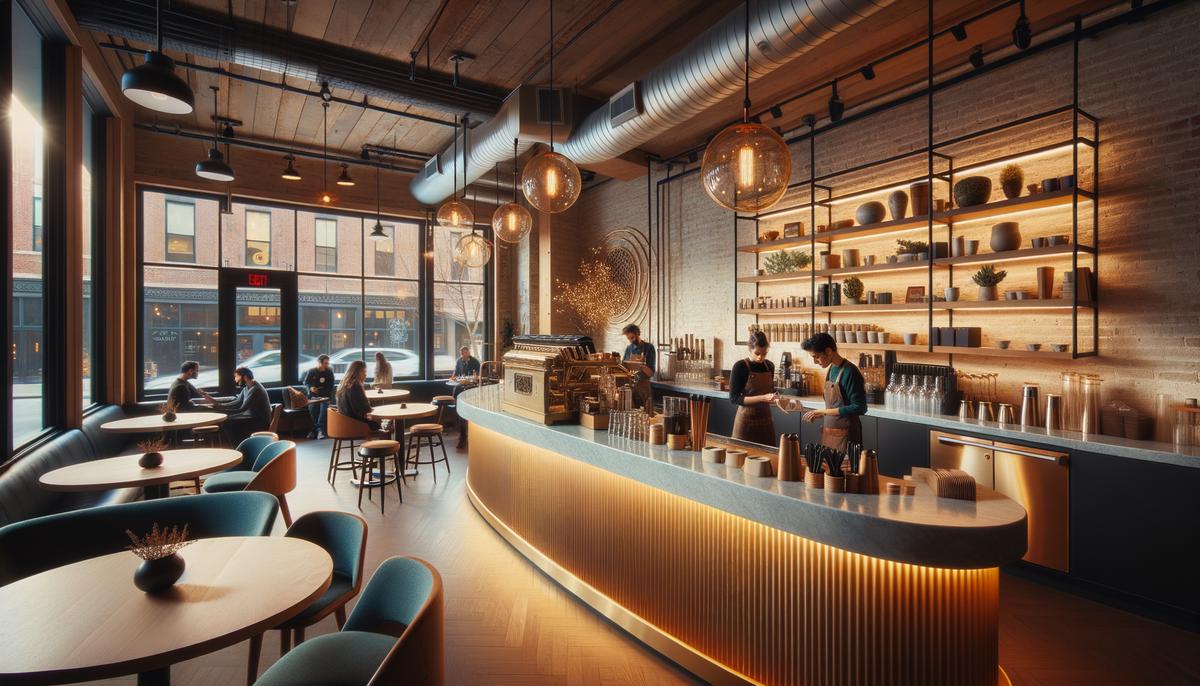 Interior of a stylish Chicago coffee shop with customers and baristas, showcasing a warm and inviting atmosphere