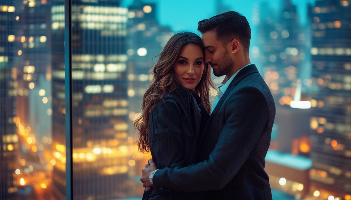 A stylish, trendy couple embracing against the backdrop of a modern urban skyline with skyscrapers and city lights.