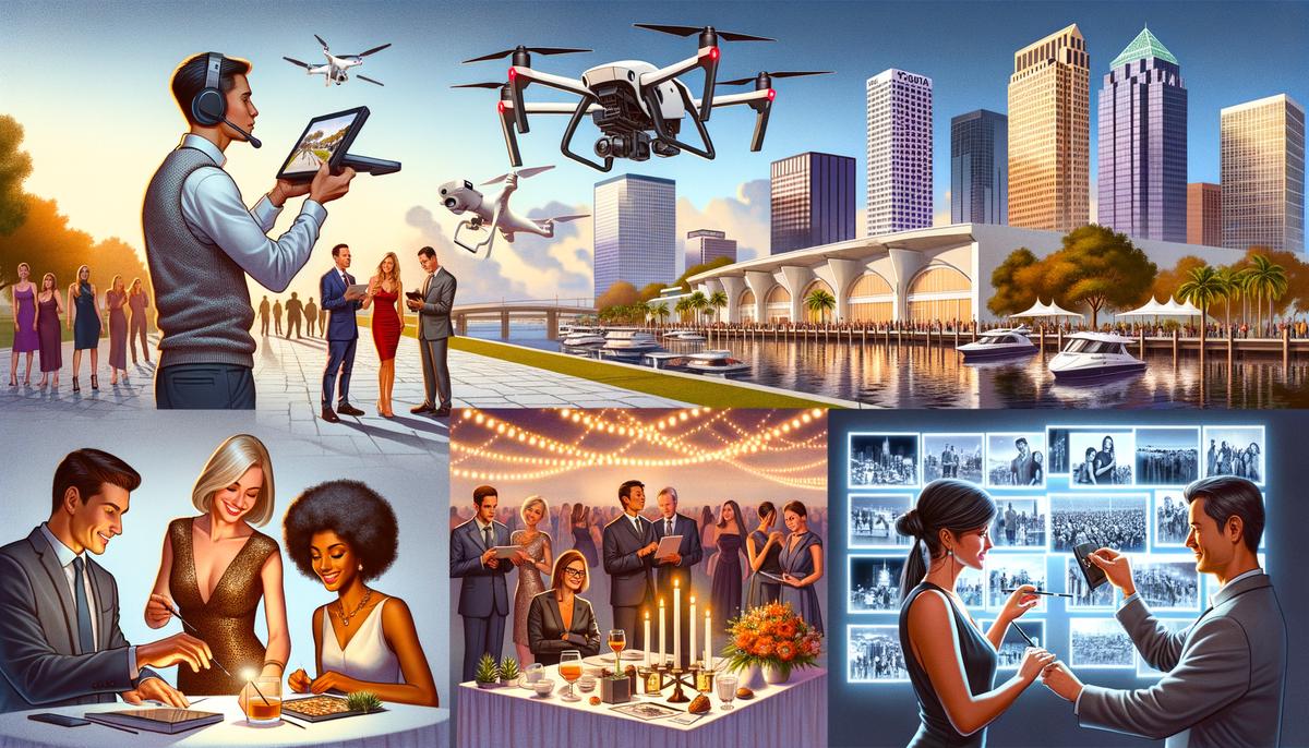 A montage of modern photography trends at Tampa award ceremonies, featuring drone shots, candid captures, and digital galleries