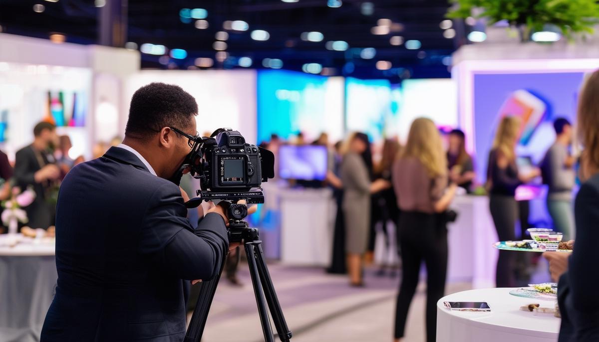 A professional photographer capturing a dynamic corporate event in Tampa, with attendees networking and engaging with branded displays