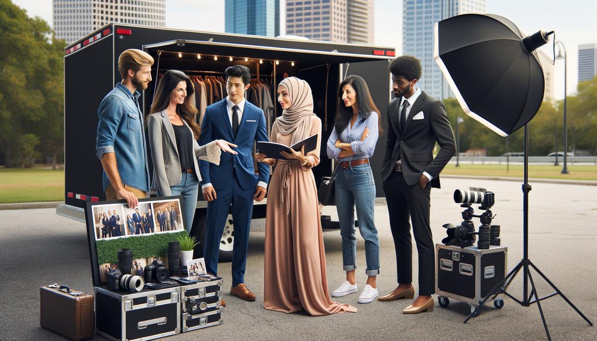 A Tampa photographer discussing a customized photo package with a diverse group of corporate clients