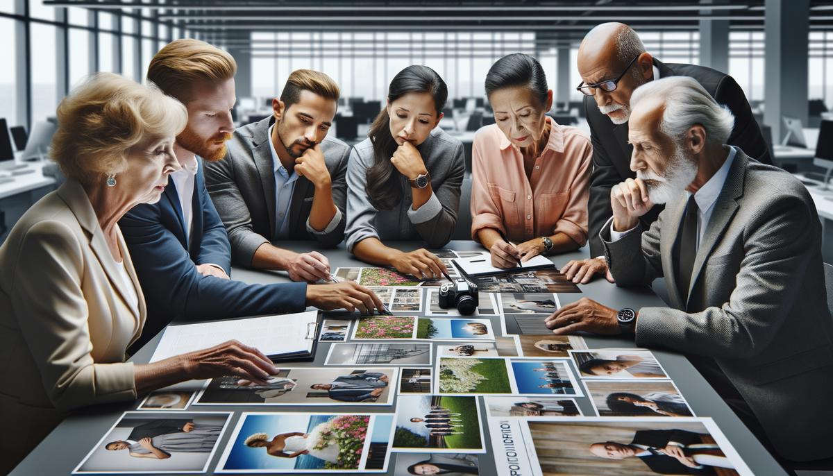 A diverse group of event planners reviewing portfolios and discussing options for event photography services in Tampa