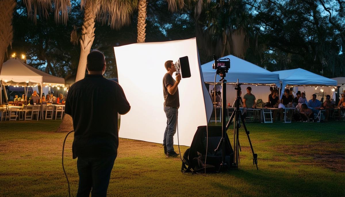 A Tampa photographer demonstrating advanced lighting and composition techniques at an outdoor event