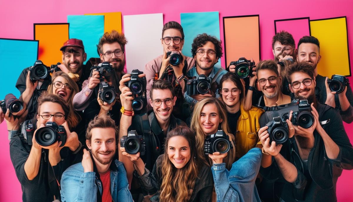 A diverse team of photographers and content creators reviewing festival images on laptops and cameras, surrounded by Tampa event posters
