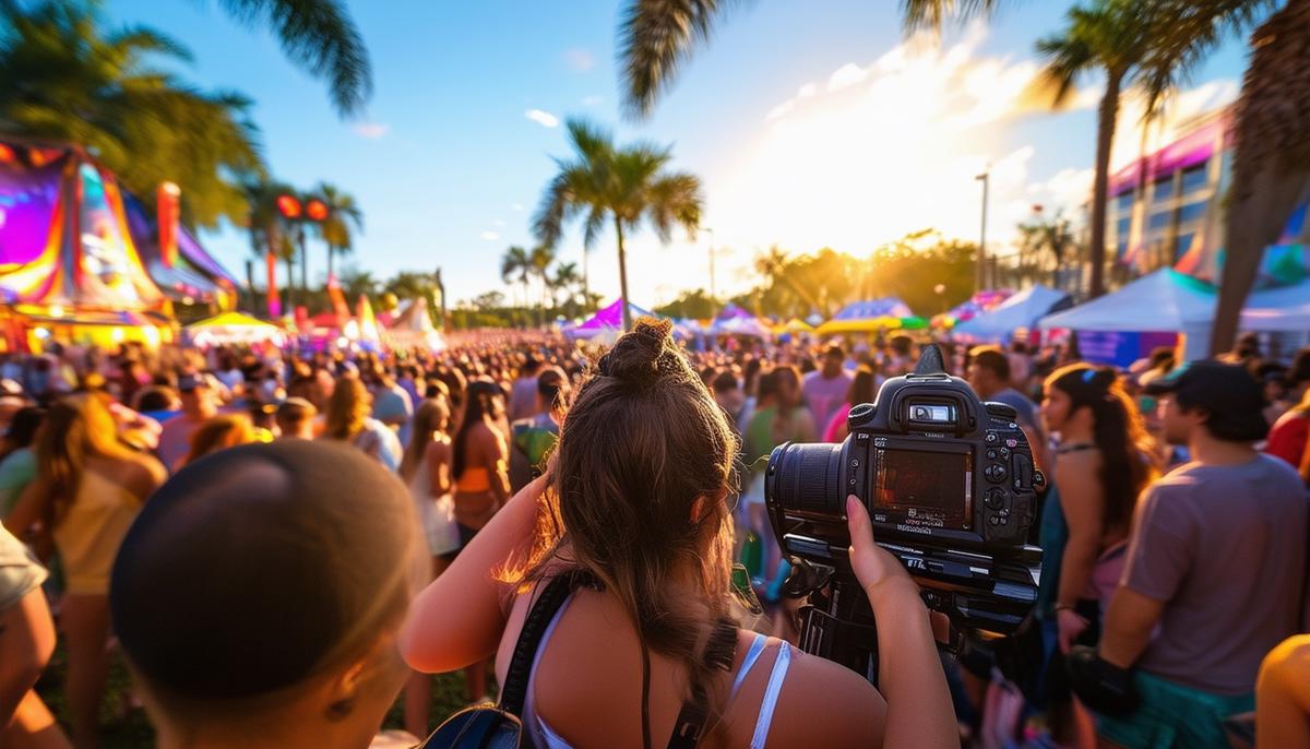 A photographer using a wide-angle lens to capture a bustling festival scene in Tampa, with dynamic lighting and energetic crowds