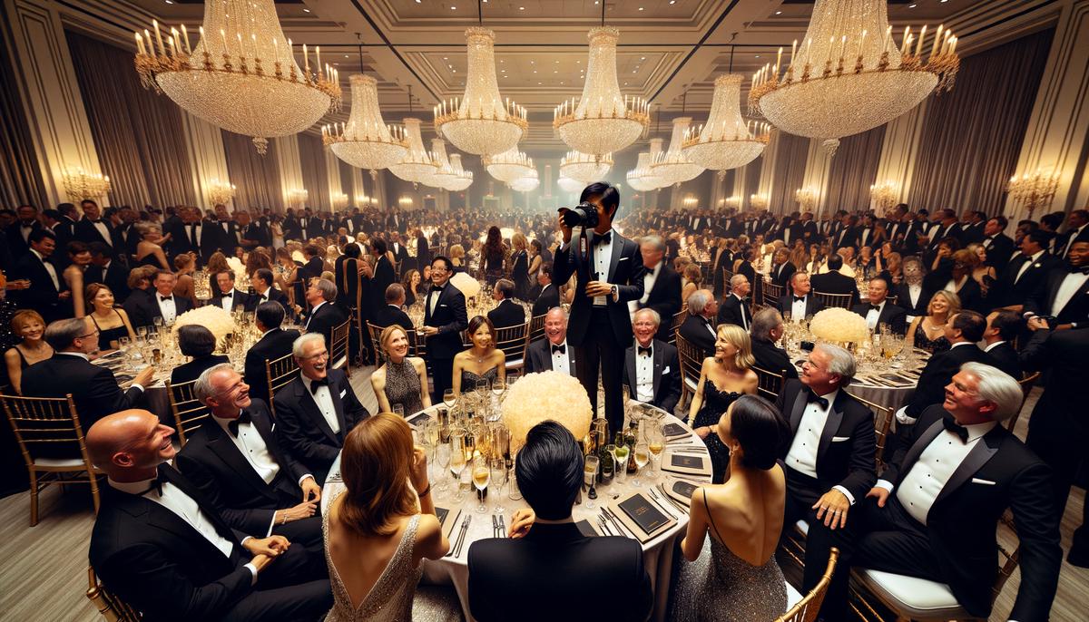 Elegant gala event in Tampa with grand chandeliers providing ambient lighting