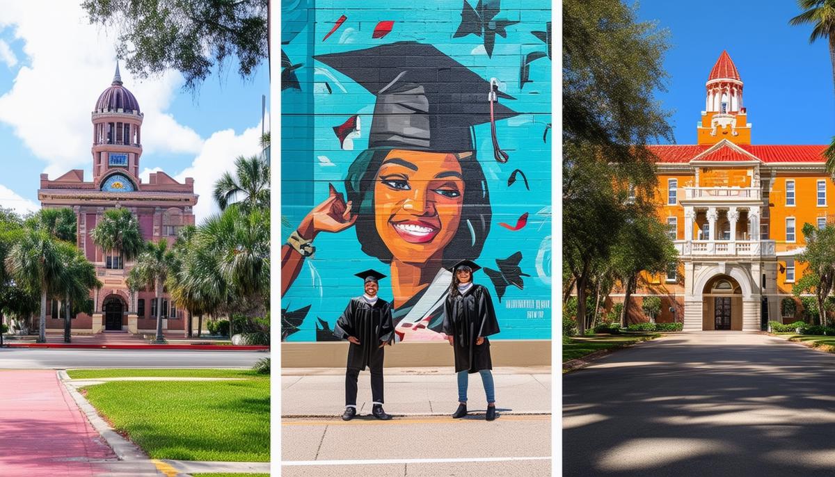 A triptych of popular Tampa graduation photo locations: downtown murals, Bayshore Boulevard, and University of Tampa's Plant Hall