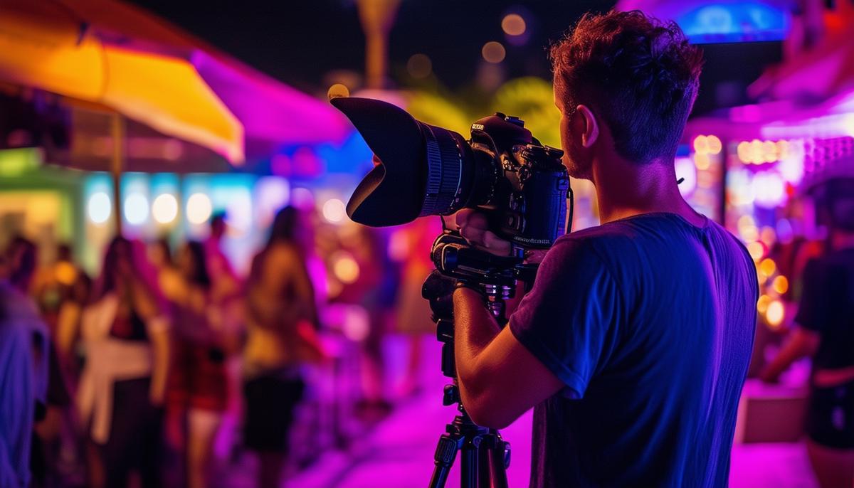 A nightlife photographer in action, demonstrating various techniques for capturing Tampa's vibrant nightlife scene