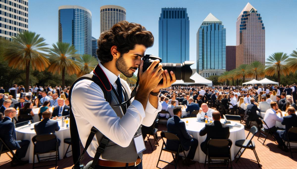 A professional photographer capturing a vibrant outdoor corporate event in Tampa, with the city skyline visible in the background