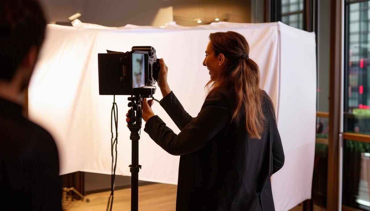 A professional photographer setting up a headshot booth at a corporate event