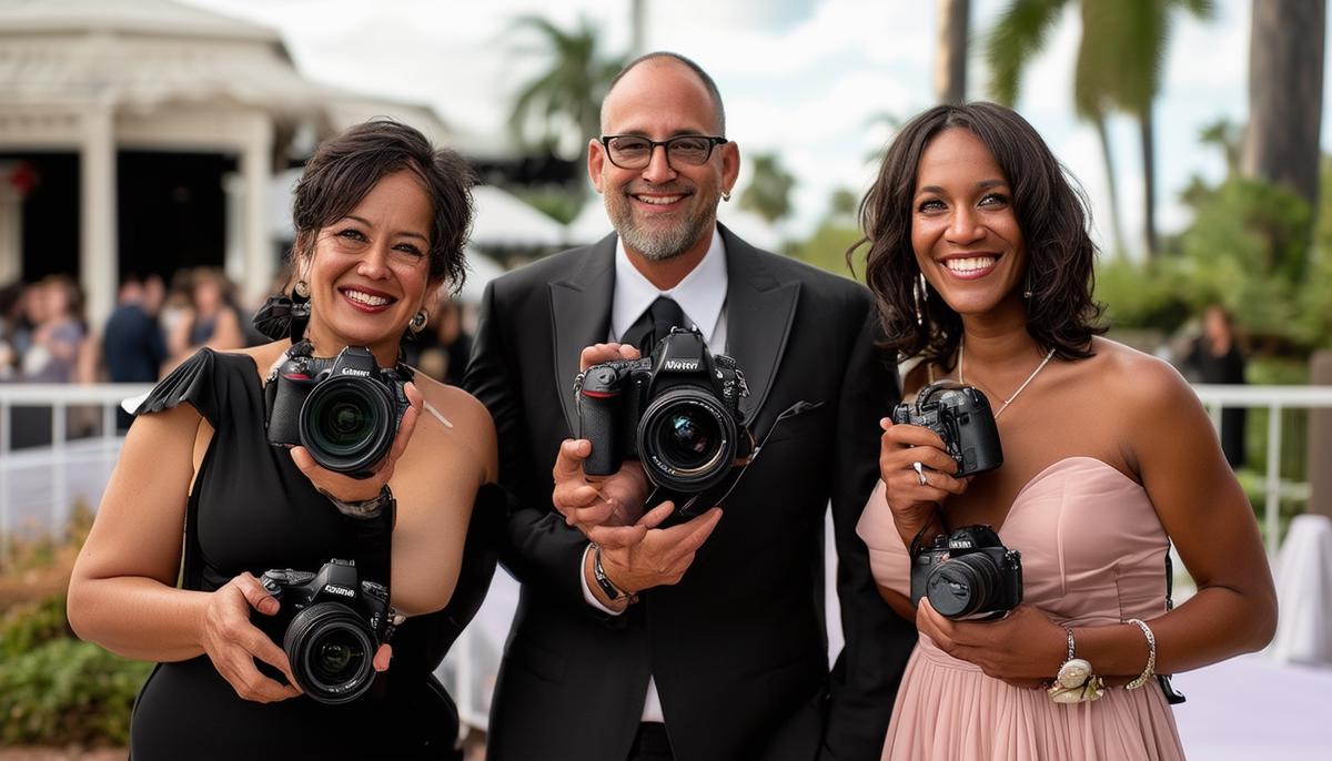 Three prominent Tampa photographers capturing moments at different award ceremonies, showcasing their unique styles