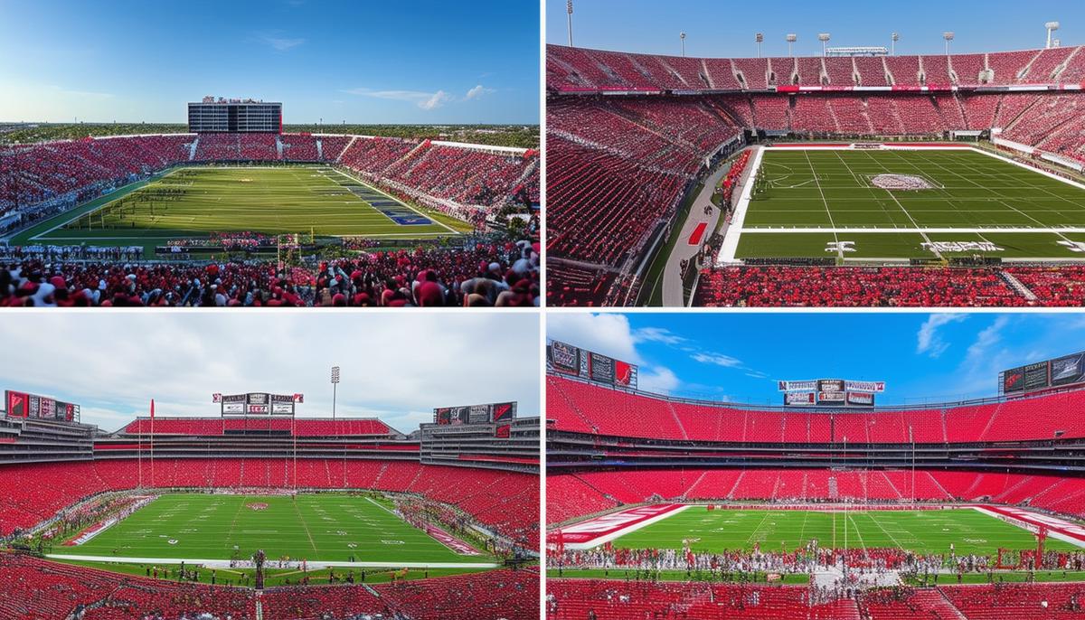 A split-screen image showing four different Tampa sports venues, from a high school gymnasium to Raymond James Stadium