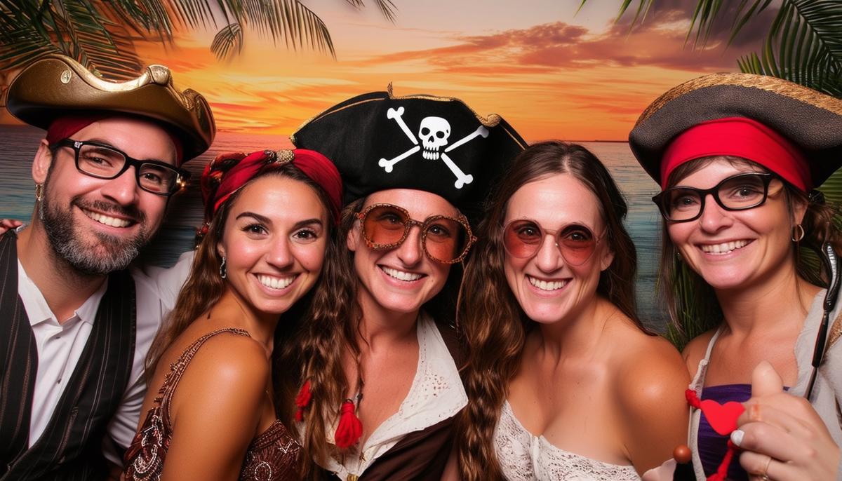 An interactive photo booth at a Tampa event, featuring a sunset backdrop and pirate-themed props, with guests enjoying the experience