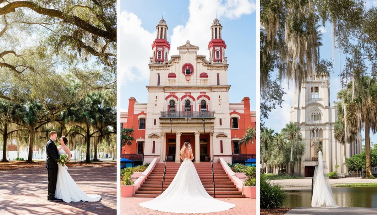 A collage of three iconic Tampa wedding photo locations: Ybor City, University of Tampa, and Hillsborough River State Park