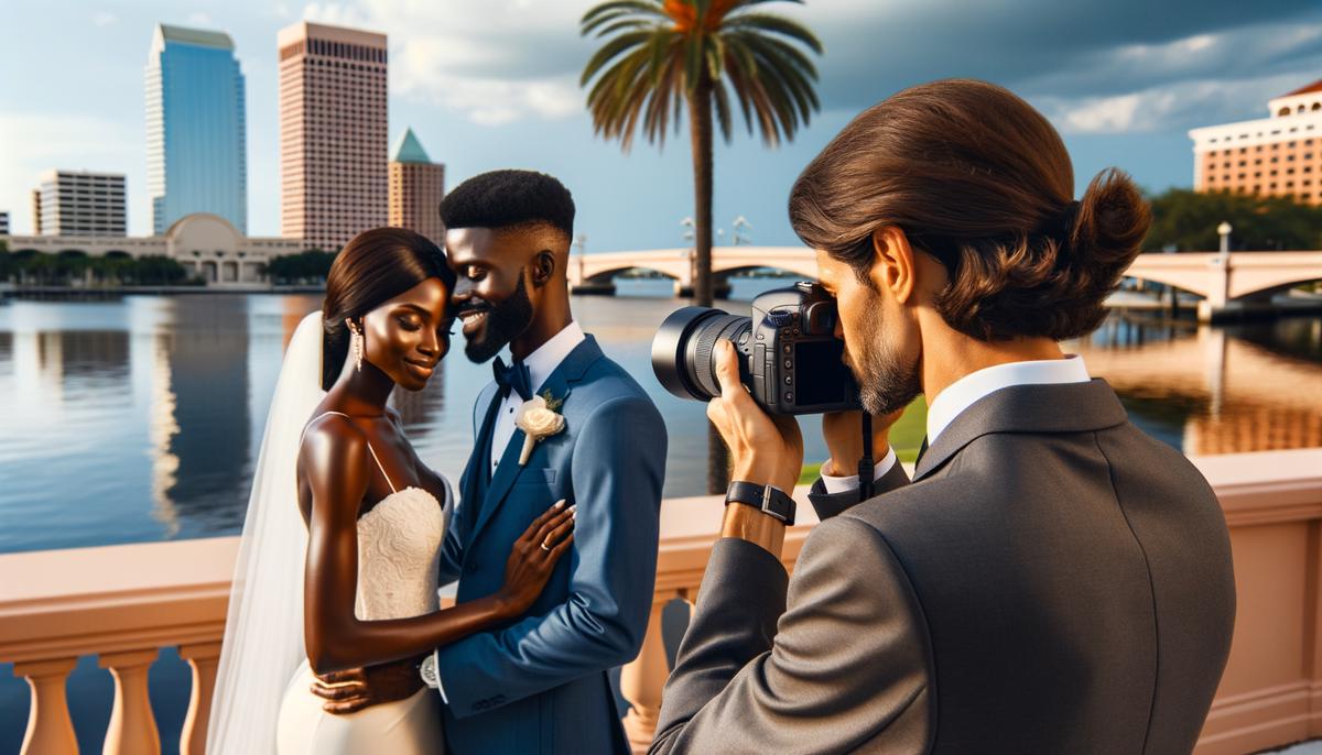 A wedding photographer in Tampa capturing a candid moment between a diverse newlywed couple