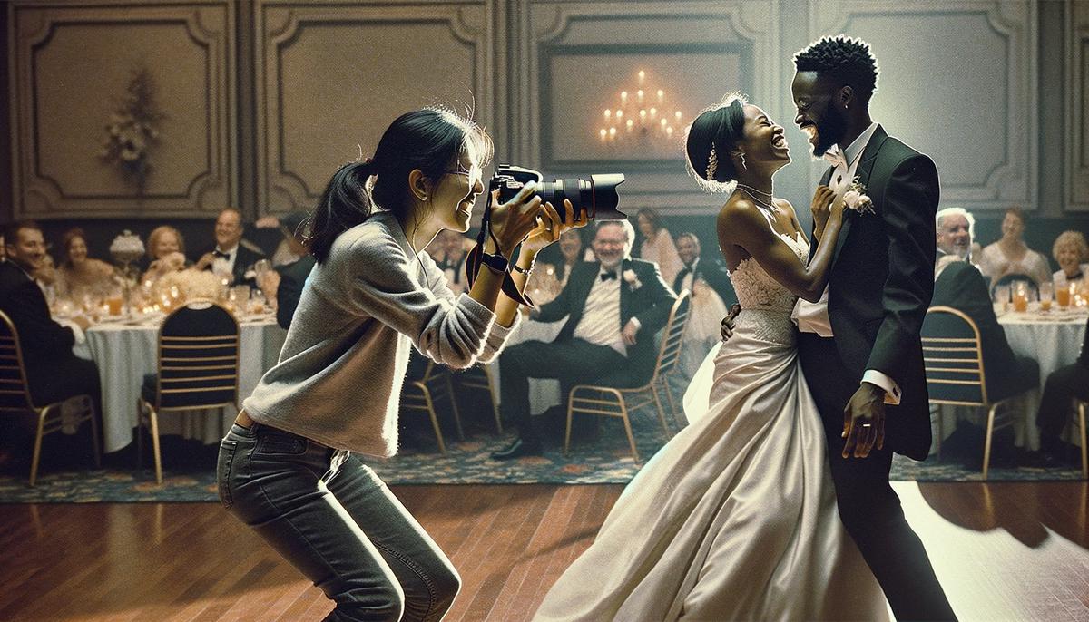 A Tampa photographer capturing a candid moment of a diverse bride and groom dancing at their wedding reception