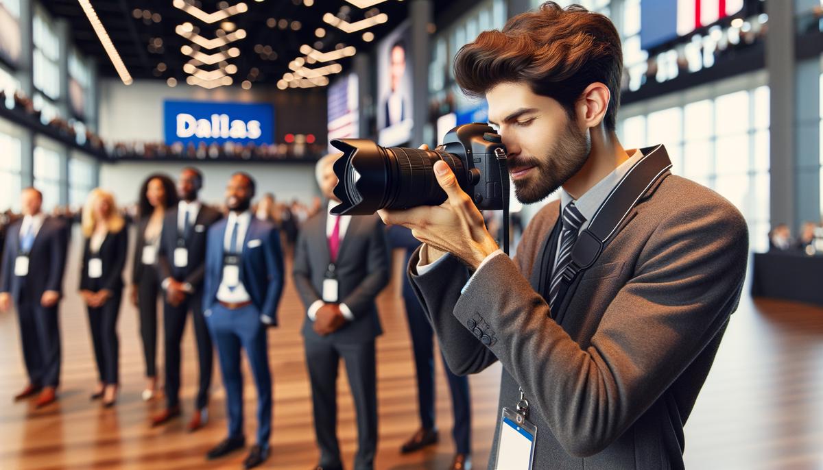 A Ten Ten Creative photographer capturing a corporate event in Dallas, showcasing their professional equipment and attentive approach