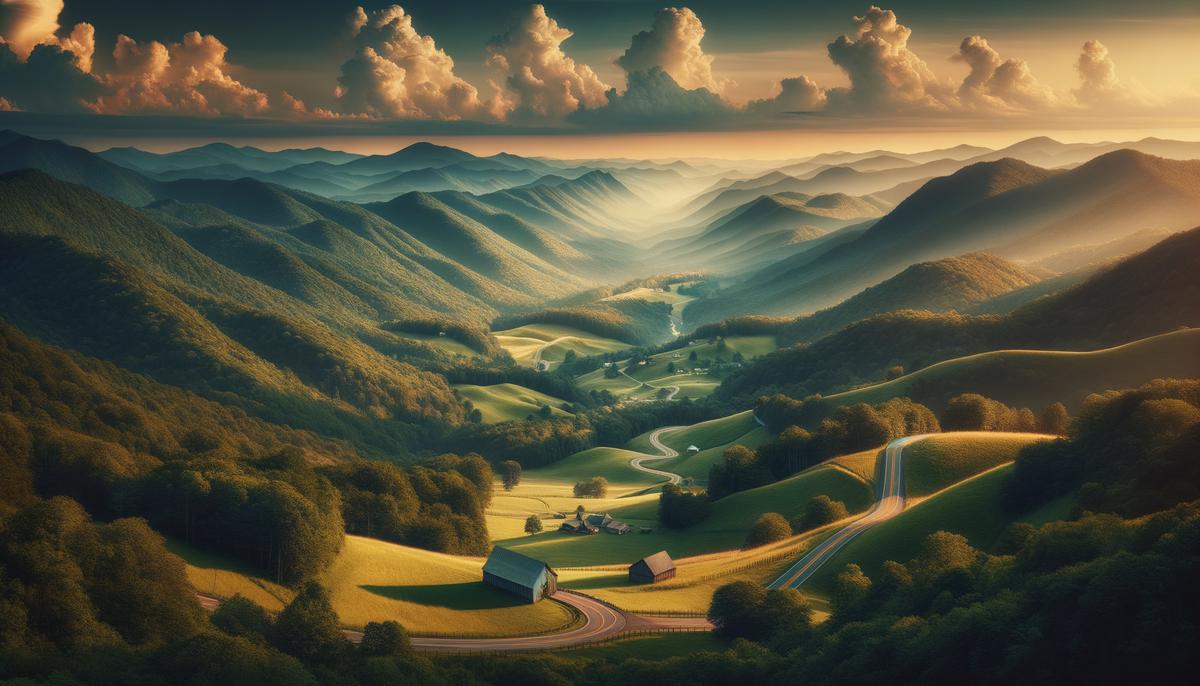 A panoramic view of a Tennessee scenic vista showcasing mountains, valleys, and a winding road
