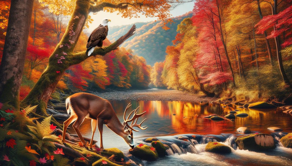 A picturesque Tennessee autumn landscape with a river, colorful foliage, and wildlife