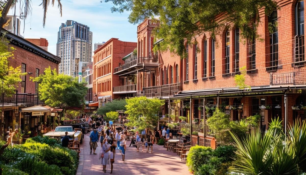 A vibrant scene within San Antonio's Pearl District, featuring historic red-brick buildings, lush greenery, and people enjoying the bustling atmosphere.