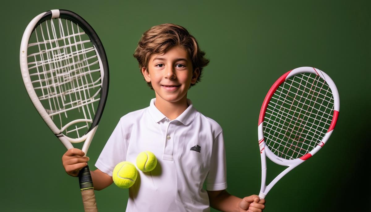 A Bar Mitzvah boy posing with tennis-themed props for a unique photo shoot