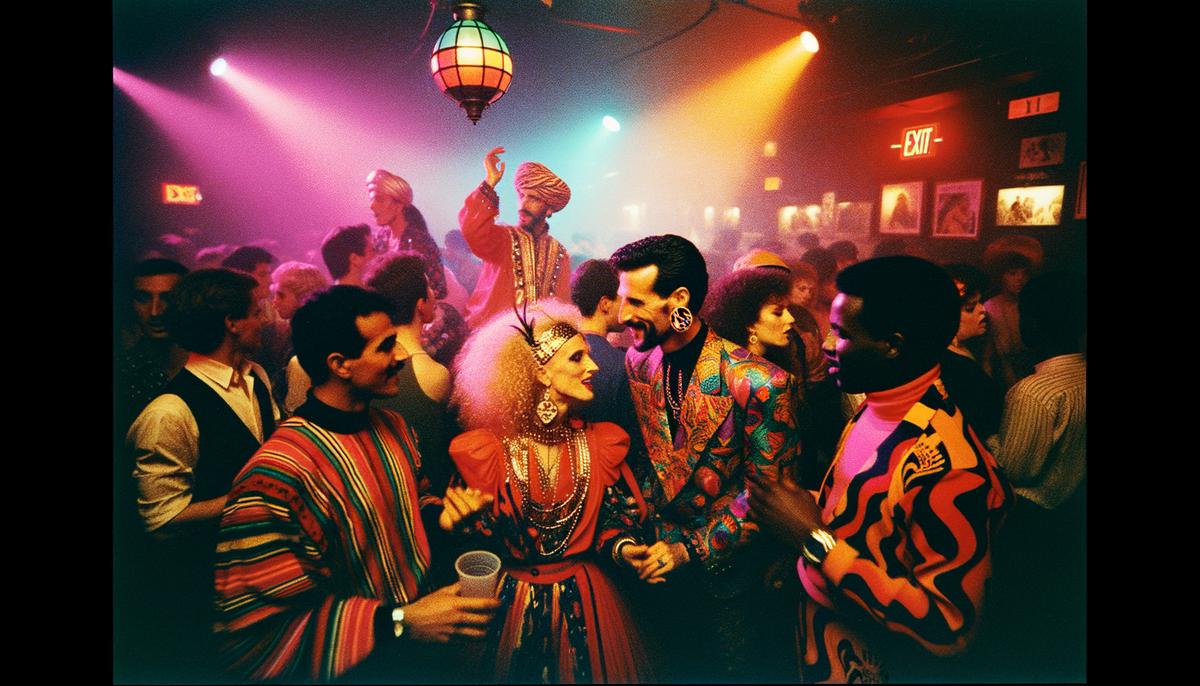 A lively scene from a themed night at an Atlanta club, with people in colorful outfits dancing and enjoying the unique atmosphere