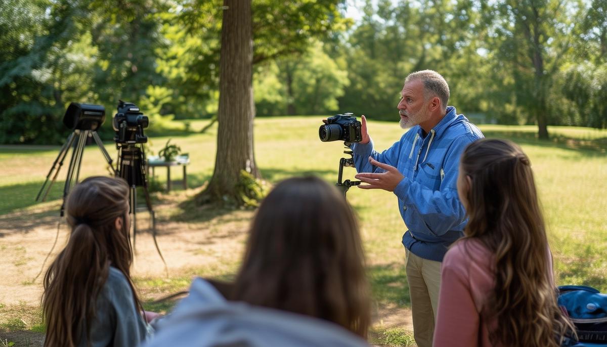 Tony Schreck demonstrating camera techniques to a small group of students in an outdoor setting