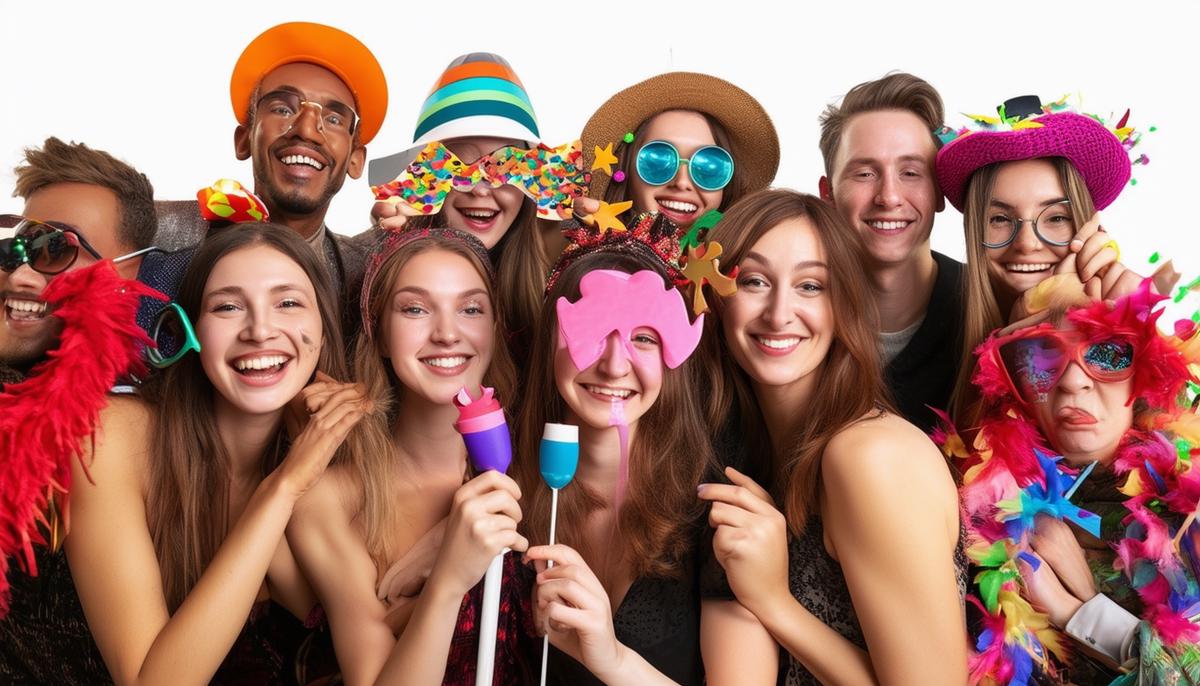 Collage showing joyful, diverse groups of people posing with creative props in the high-quality photo booths of top San Antonio rental companies at various types of special events.