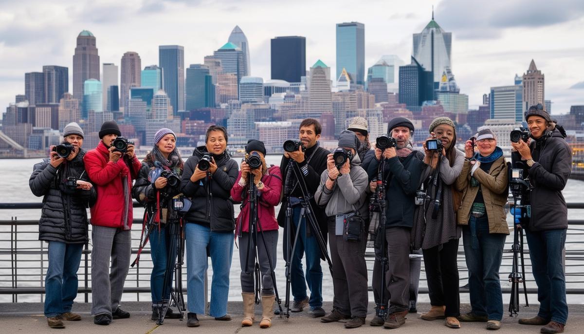 A group of diverse professional photographers with their cameras in front of Boston's iconic skyline