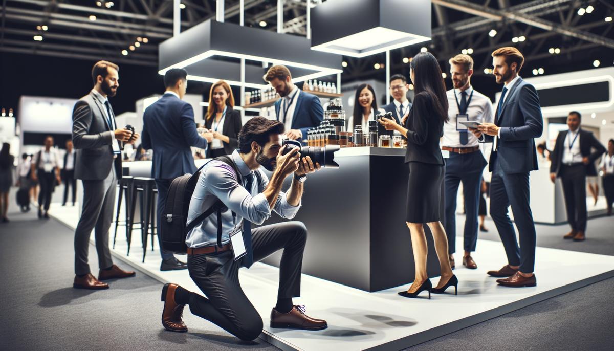 A professional photographer capturing high-quality images of a well-designed trade show booth with staff interacting with visitors