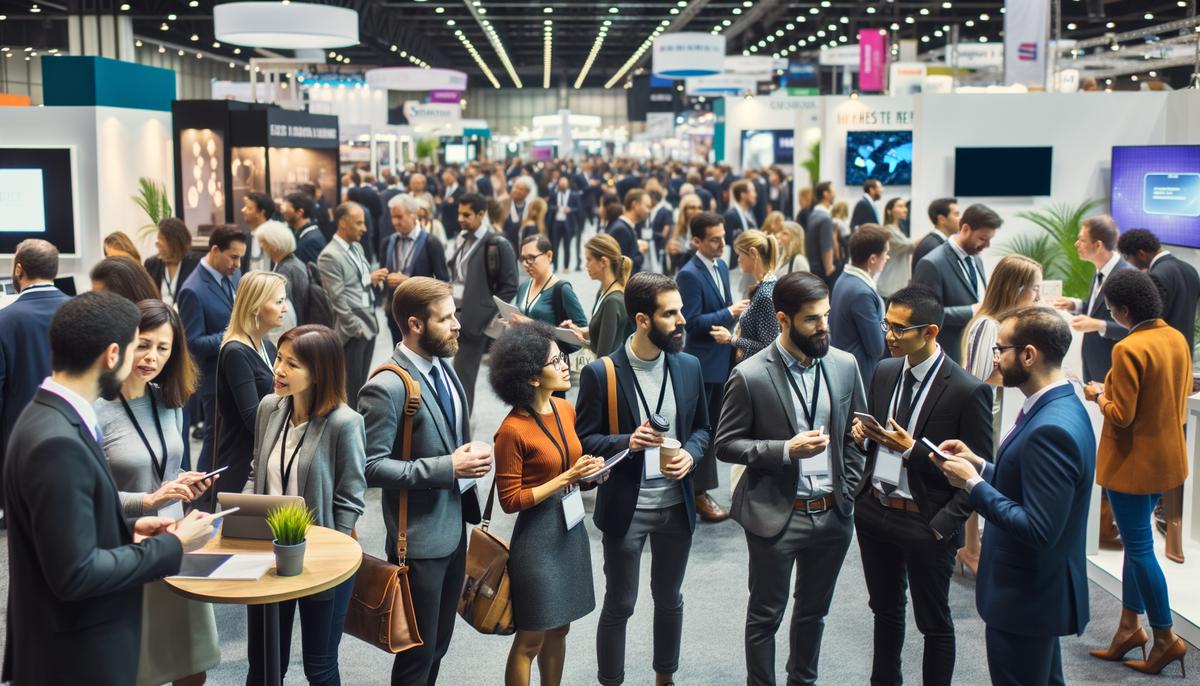 Attendees interacting with exhibitors at a trade show booth