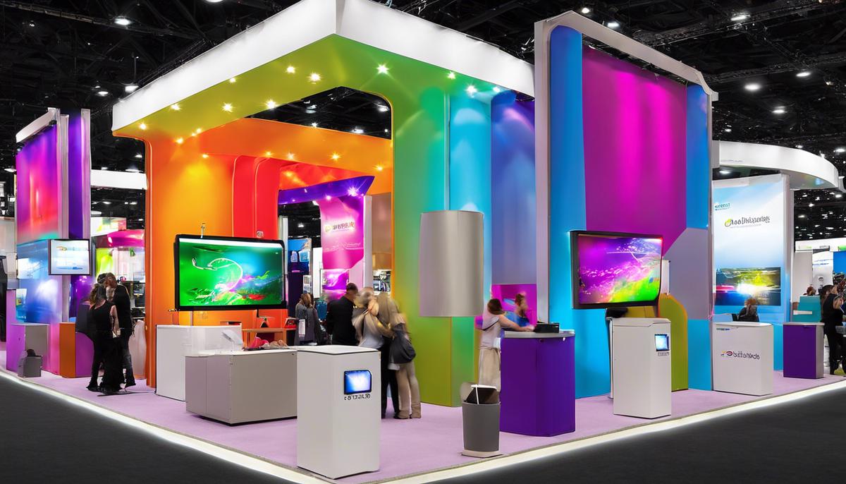 Colorful lighting illuminating various trade show booths