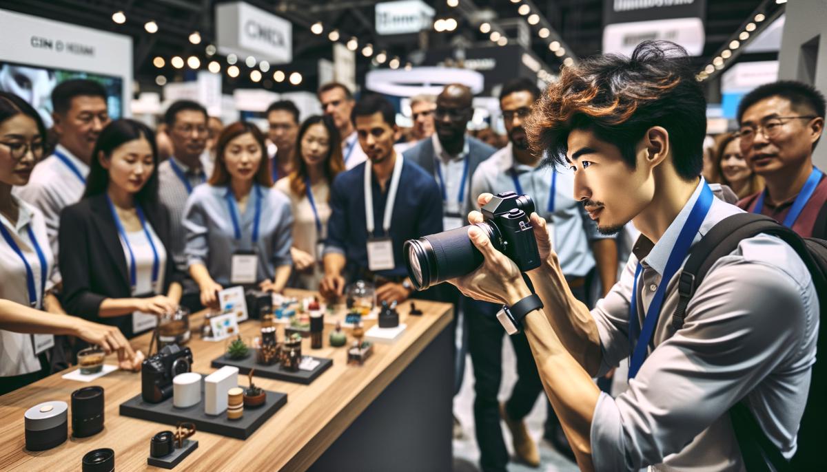 A professional photographer capturing a dynamic product demonstration at a vibrant trade show booth