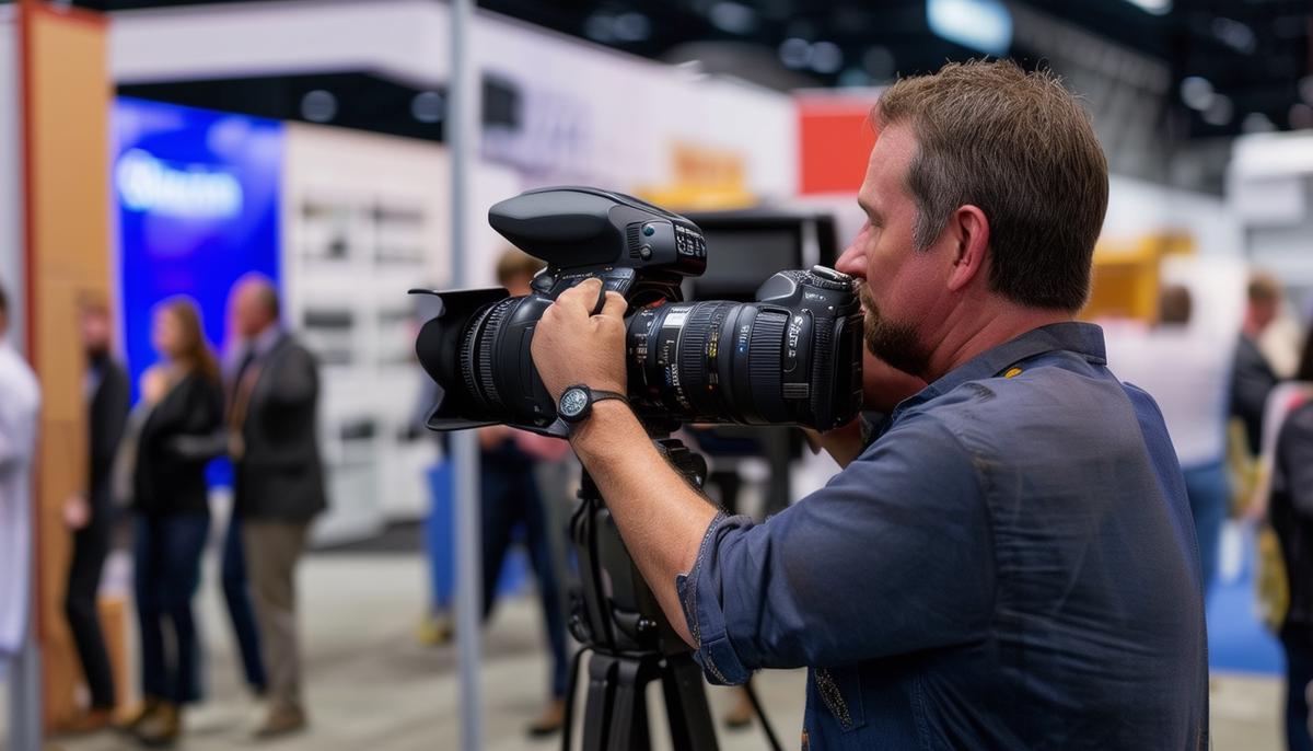 A trade show photographer strategically positions themselves to capture key moments, such as product demonstrations and notable speakers, ensuring comprehensive coverage of the event.