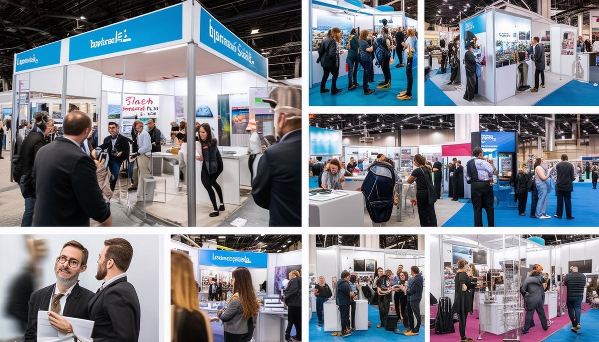 A collage showcasing various trade show photography services including booth photography, product shots, candid interactions, and team photos